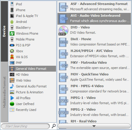 Список профилей устройств и форматов mediAvatar HD Video Converter
