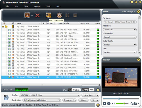 Несколько выходных профилей для одного файла в mediAvatar HD Video Converter