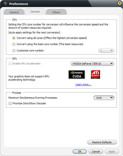 Preferences с настройкой CPU и GPU acceleration в mediAvatar HD Video Converter