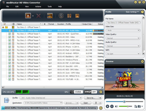 Процесс конвертации и статус очереди в mediAvatar HD Video Converter