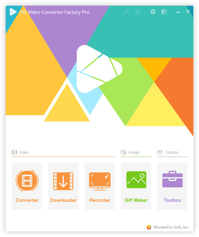 Главное окно WonderFox HD Video Converter Factory Pro с модулями Converter, Downloader, Recorder, GIF Maker и Toolbox