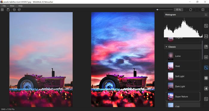 Фильтры Lomo, Vivid, Soft Light, Dark Light и Super Nature в WidsMob Retoucher