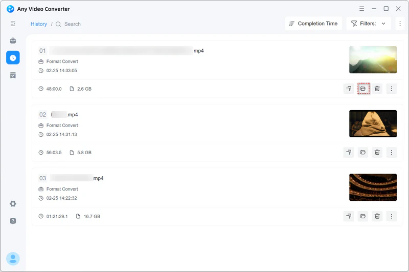 Раздел History в Any Video Converter со списком завершённых файлов и кнопкой открытия папки