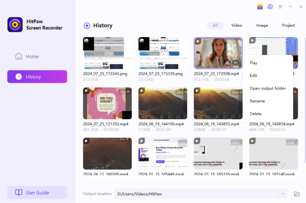 Раздел History в HitPaw Screen Recorder со списком записанных видео и снимков