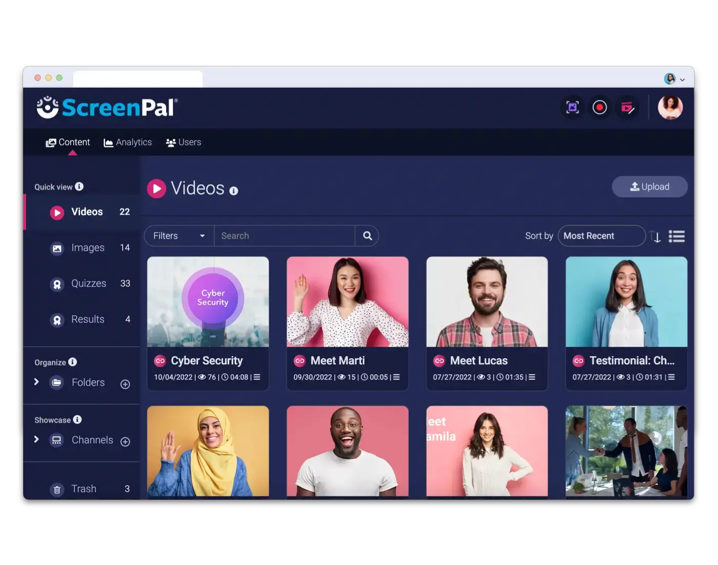 Библиотека ScreenPal Hosting с видео, изображениями, тестами, папками и каналами