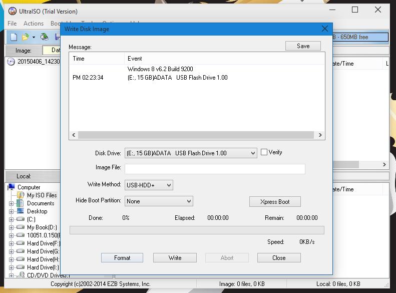 Диалог Write Disk Image в UltraISO с выбором USB-накопителя и метода USB-HDD+