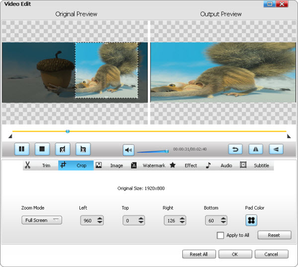 Кадрирование видео в iDealshare VideoGo с Original Preview, Output Preview и полями Crop