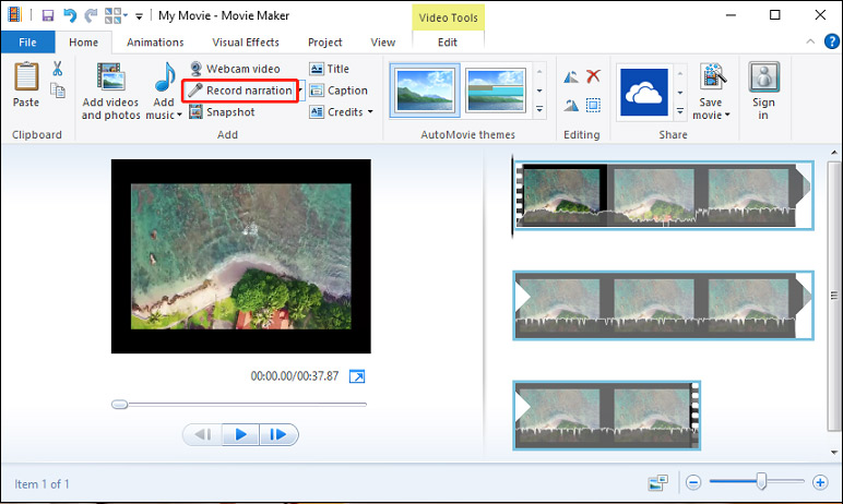 Кнопка Record narration в Movie Maker 2012 и проект с видео и звуковой волной