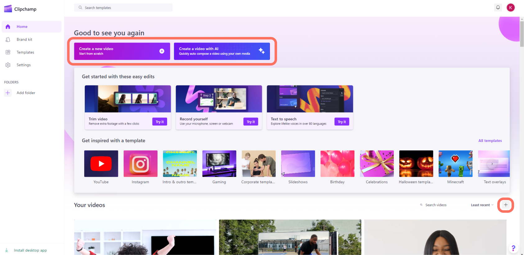 Домашняя страница личной версии Microsoft Clipchamp с созданием обычного видео и видео с ИИ