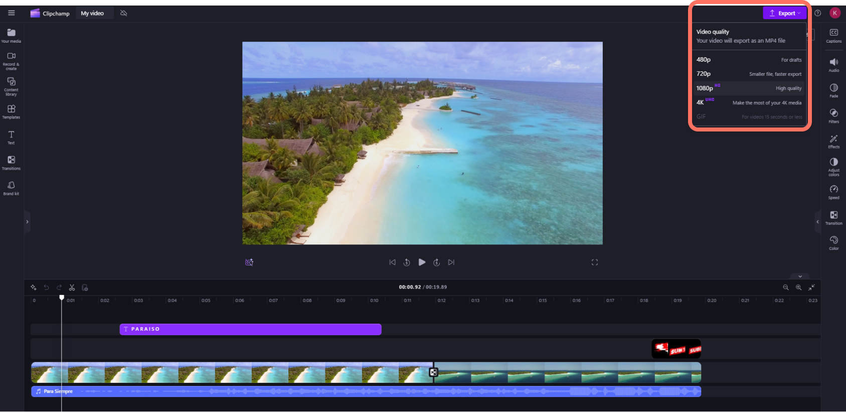 Меню экспорта Clipchamp с вариантами 480p, 720p, 1080p, 4K и GIF