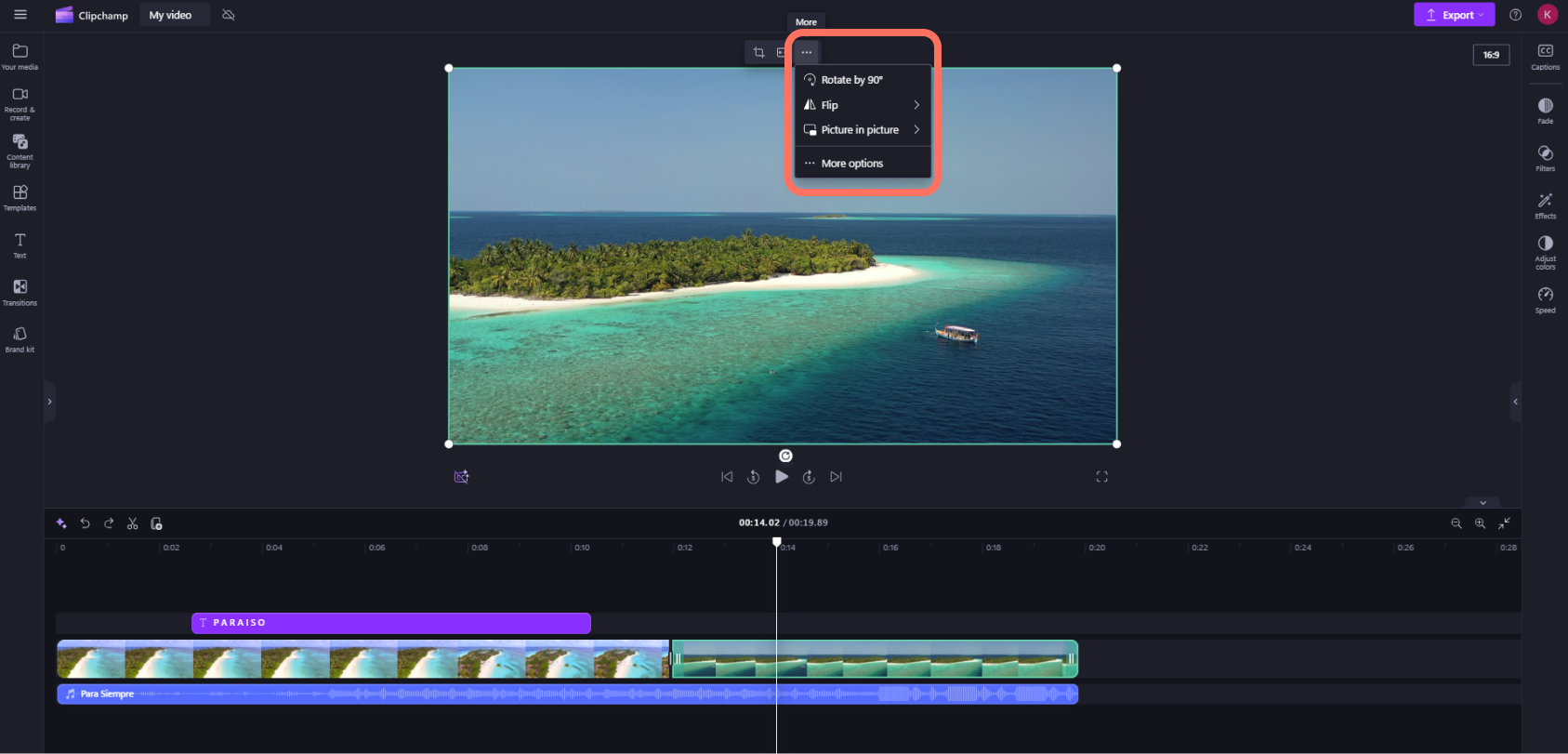 Плавающее меню Clipchamp с поворотом, отражением и picture-in-picture над видео на временной шкале