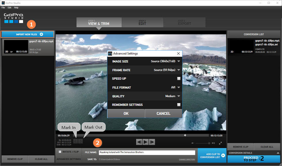 GoPro Studio: окно STEP 1 VIEW & TRIM и Advanced Settings