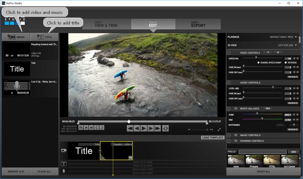 GoPro Studio: окно STEP 2 EDIT с таймлайном и панелью настроек