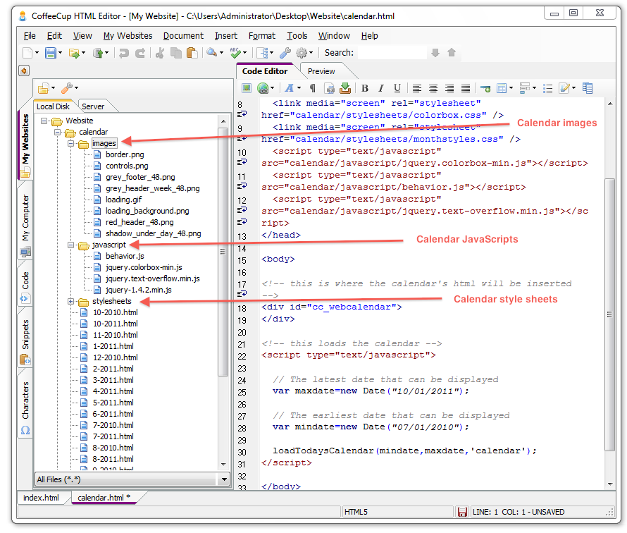 Экспортированные файлы CoffeeCup Web Calendar в проекте CoffeeCup HTML Editor