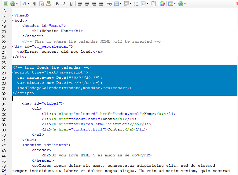 Вставка блока CoffeeCup Web Calendar в body страницы в CoffeeCup HTML Editor