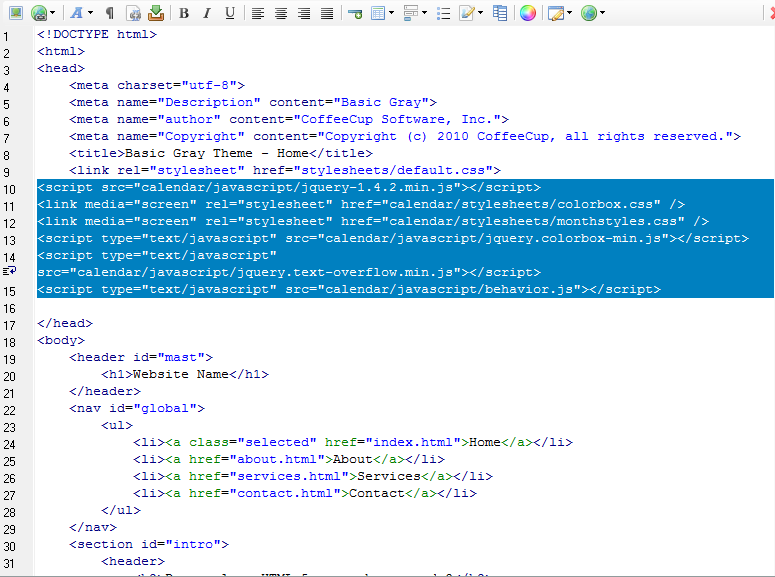 Вставка кода CoffeeCup Web Calendar в секцию head в CoffeeCup HTML Editor