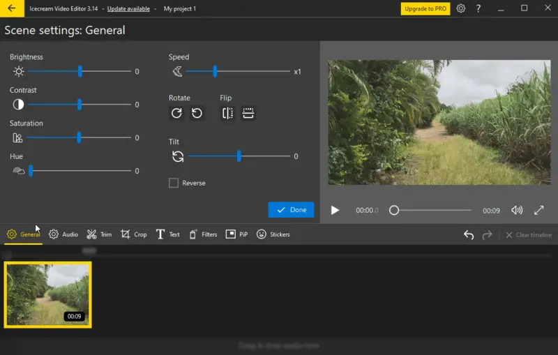 Панель General в Icecream Video Editor с яркостью, контрастом, насыщенностью, оттенком, скоростью, поворотом и отражением