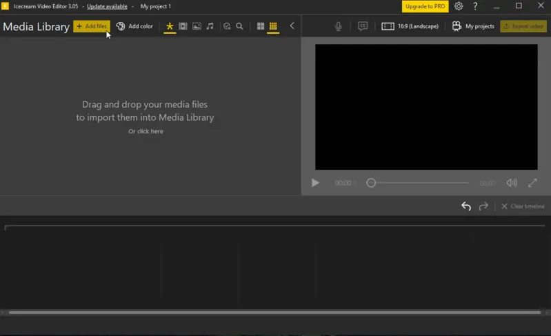 Главное окно Icecream Video Editor с Media Library, окном предпросмотра и шкалой времени