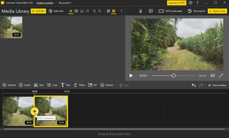 Шкала времени Icecream Video Editor с кнопкой добавления перехода между двумя сценами