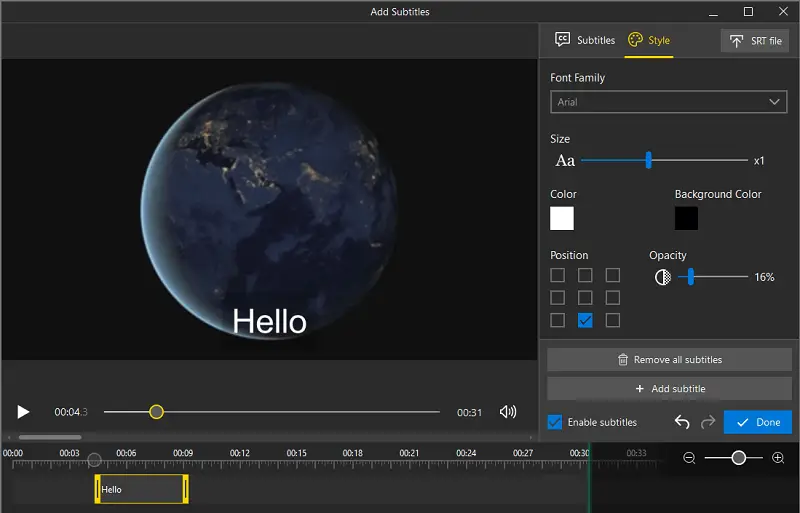 Настройка стиля субтитров в Icecream Video Editor с выбором шрифта, размера, цвета, положения и прозрачности