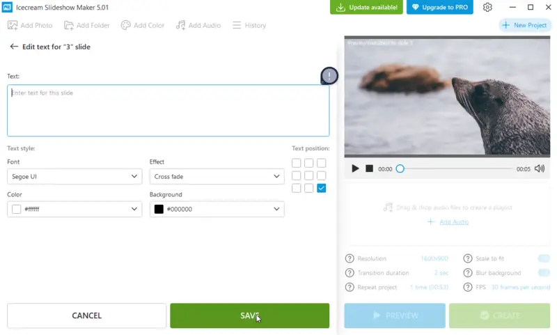 Редактор текста Icecream Slideshow Maker с выбором шрифта, эффекта, цвета, фона и позиции