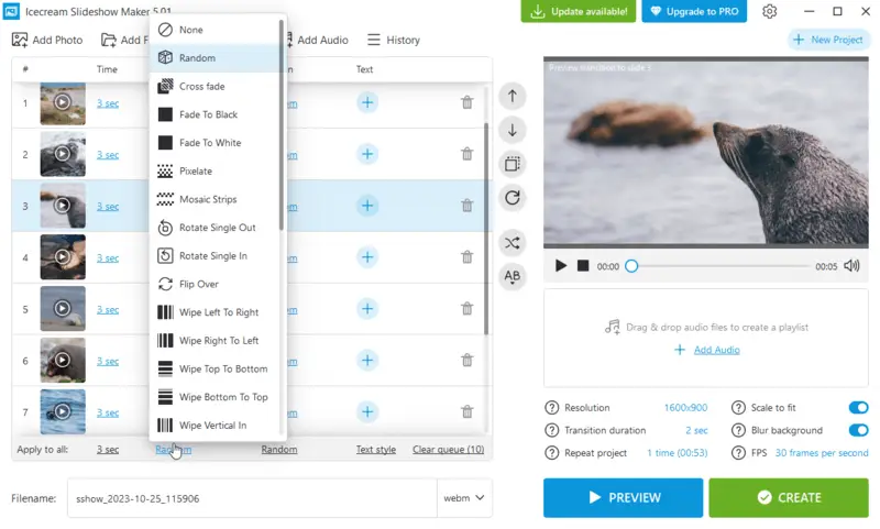 Список переходов в Icecream Slideshow Maker