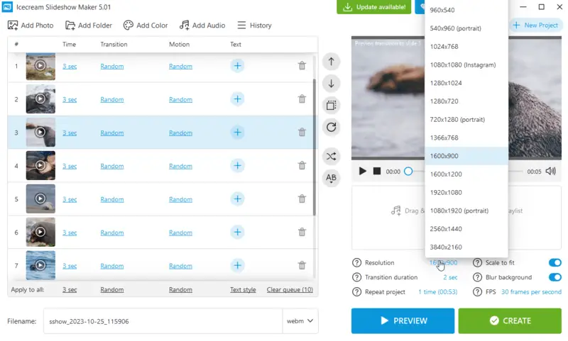 Список разрешений Icecream Slideshow Maker с горизонтальными, вертикальными, квадратными и 4K вариантами