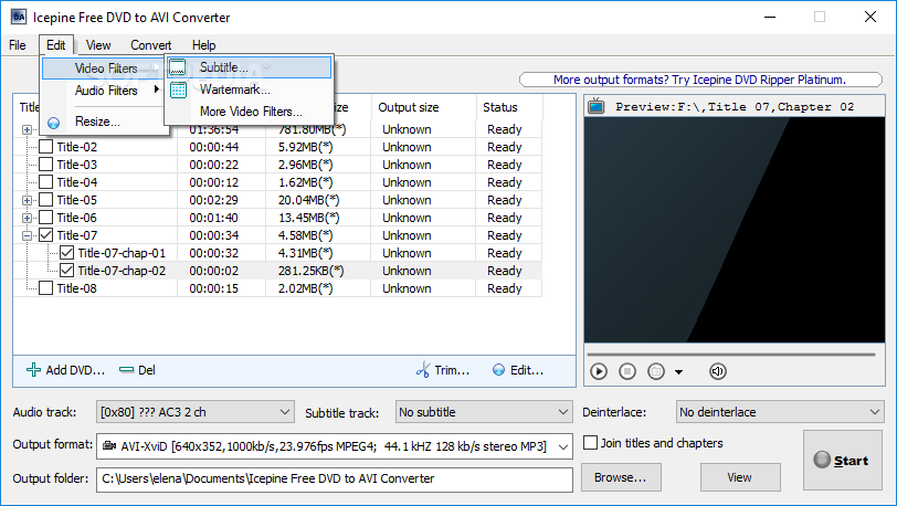 Главное окно Icepine Free DVD to AVI Converter со списком титулов DVD, предпросмотром и параметрами вывода