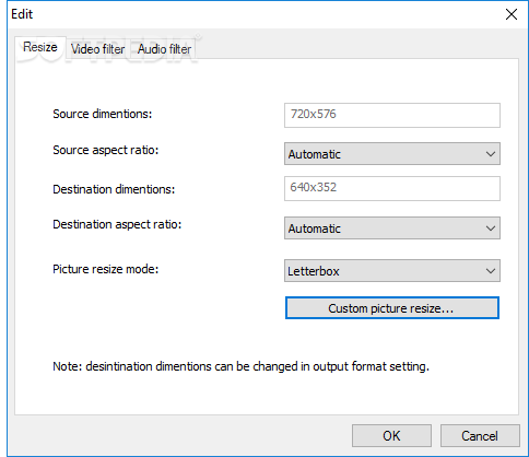 Диалог Resize в Icepine Free DVD to AVI Converter с размерами кадра и режимом Letterbox