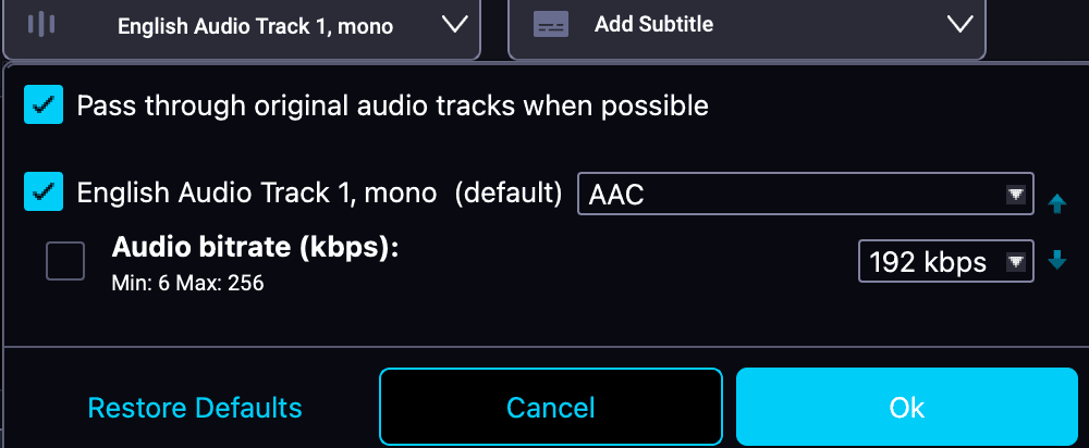 Настройки аудиодорожки DivX Converter с pass-through исходного аудио и выбором AAC