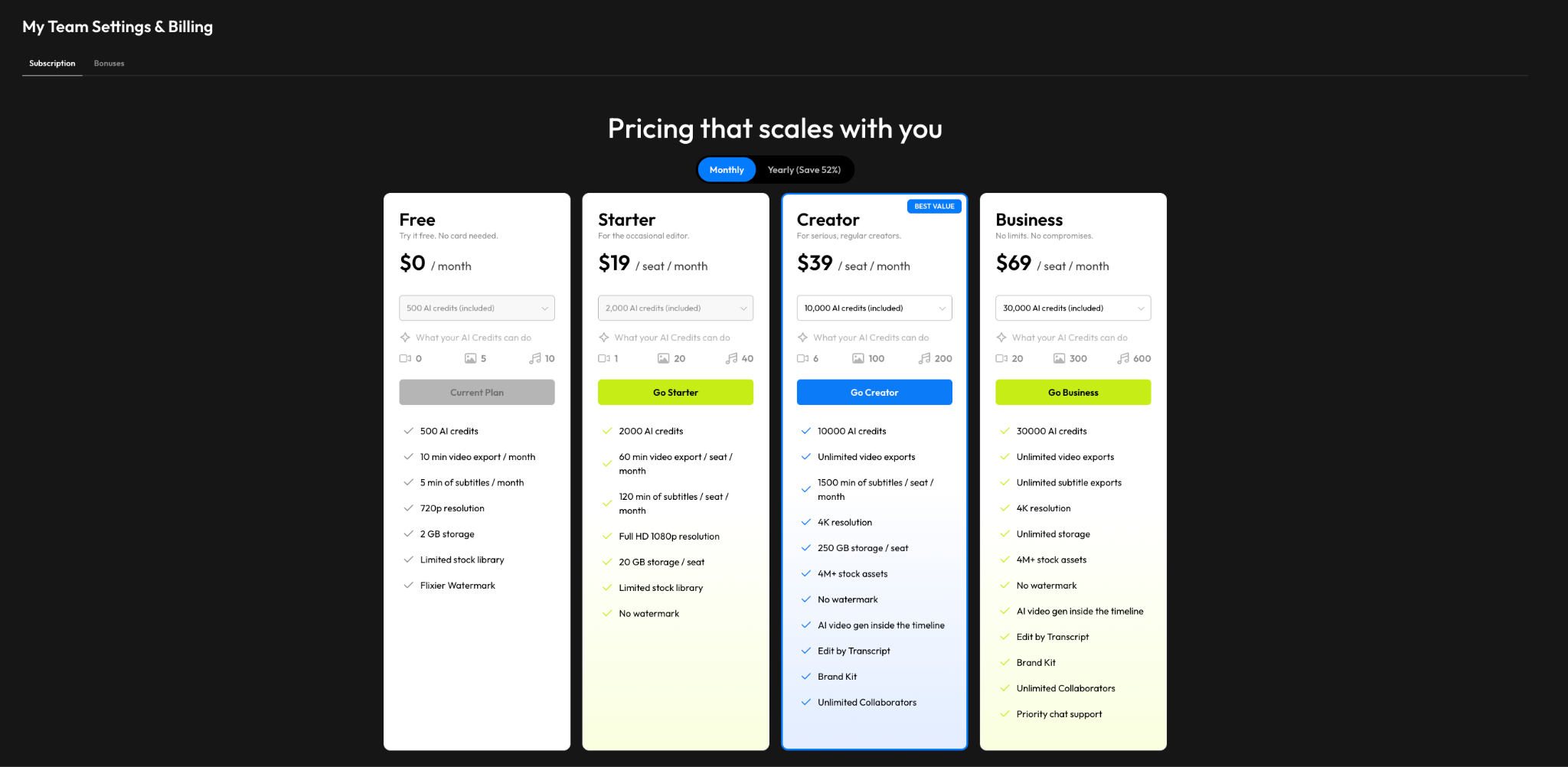 Тарифы Flixier Free, Starter, Creator и Business в панели Settings and Billing