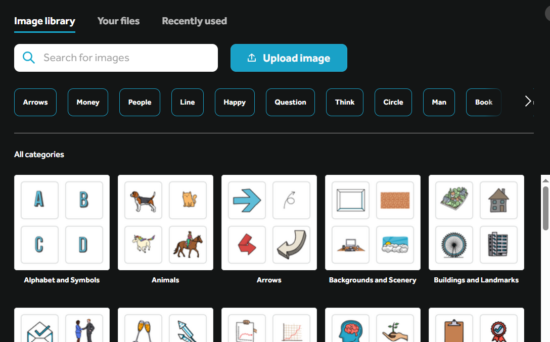 Панель Image library в VideoScribe с поиском, категориями и загрузкой собственного изображения