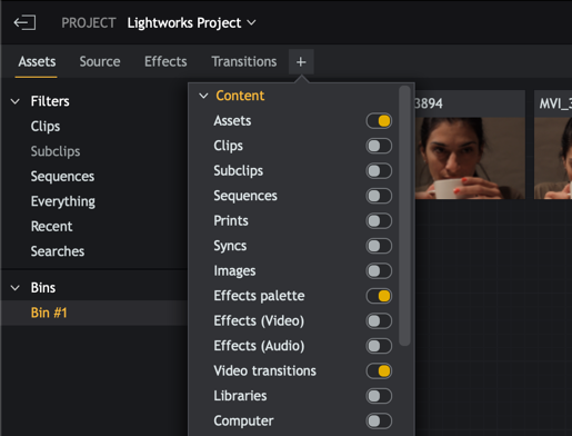 Панель Lightworks с вкладками материалов, источника, эффектов и переходов