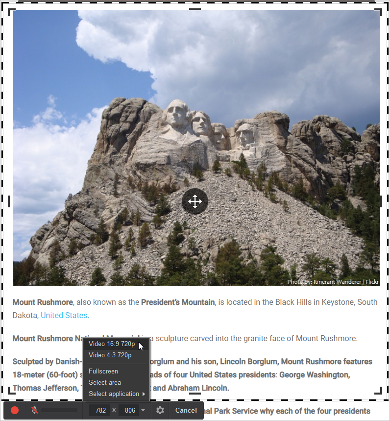 Рамка записи Free Cam с меню выбора формата и области экрана