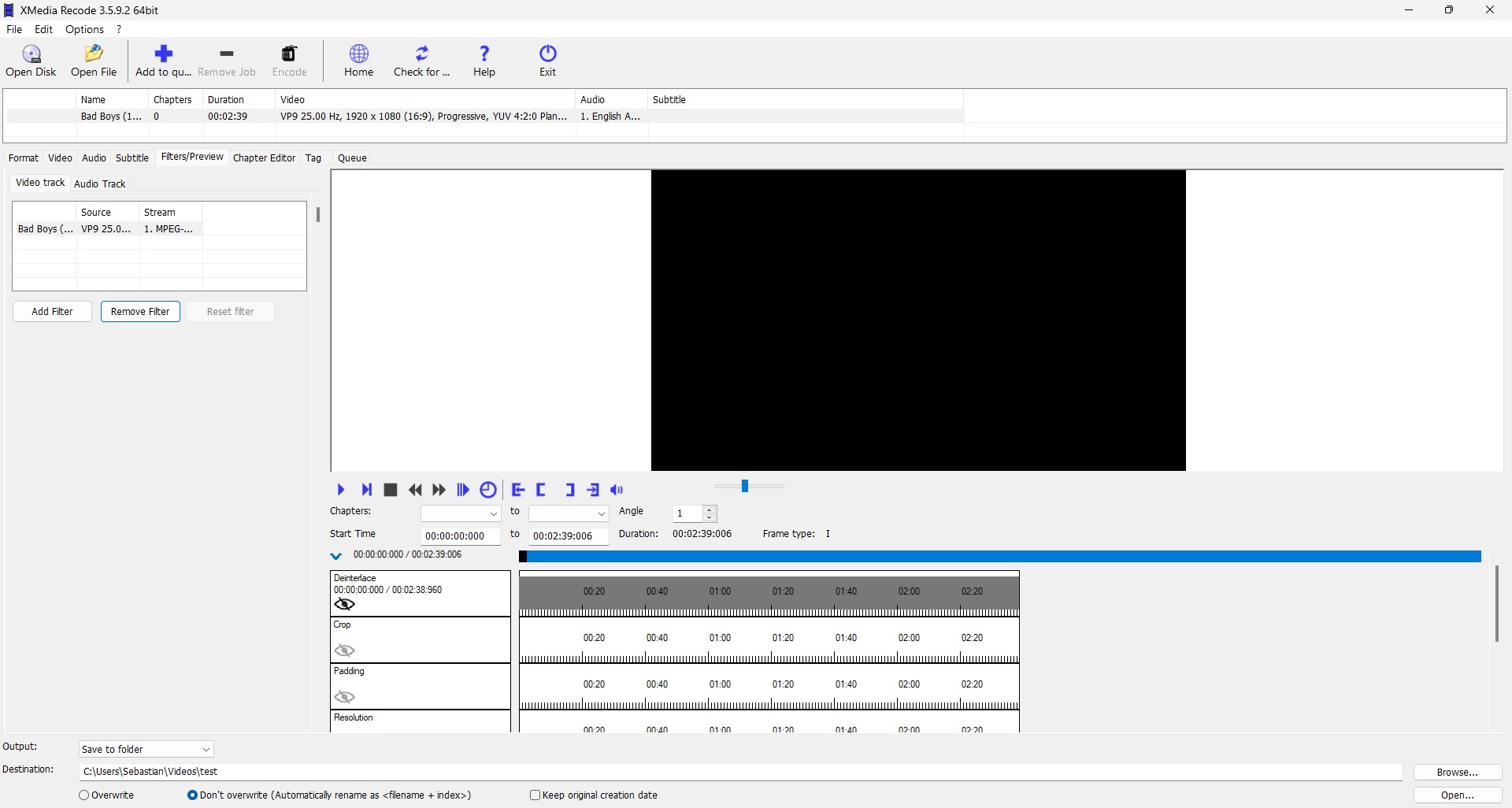 Вкладка Filters Preview в XMedia Recode с окном предварительного просмотра и дорожками фильтров