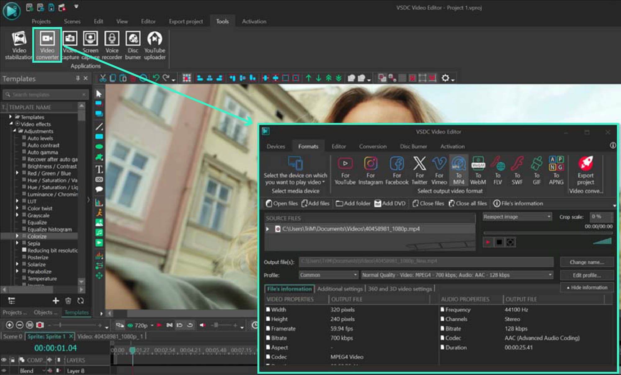 Интерфейс VSDC Video Converter с панелью форматов, списком Source files и параметрами вывода