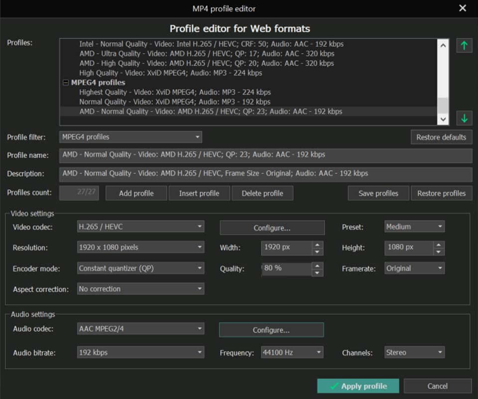 Окно MP4 Profile editor в VSDC с настройками H.265, разрешения, частоты кадров и AAC