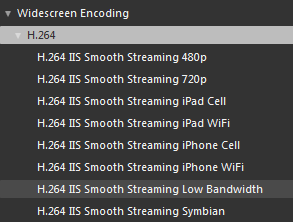 Список H.264 пресетов IIS Smooth Streaming в Microsoft Expression Encoder 4 Pro