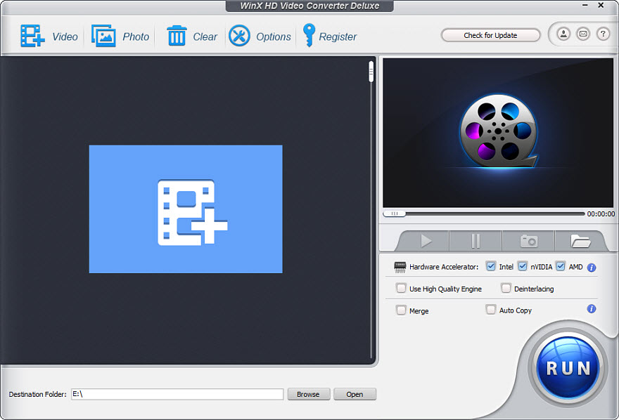 Главное окно WinX HD Video Converter Deluxe со списком файлов, предпросмотром и кнопкой RUN