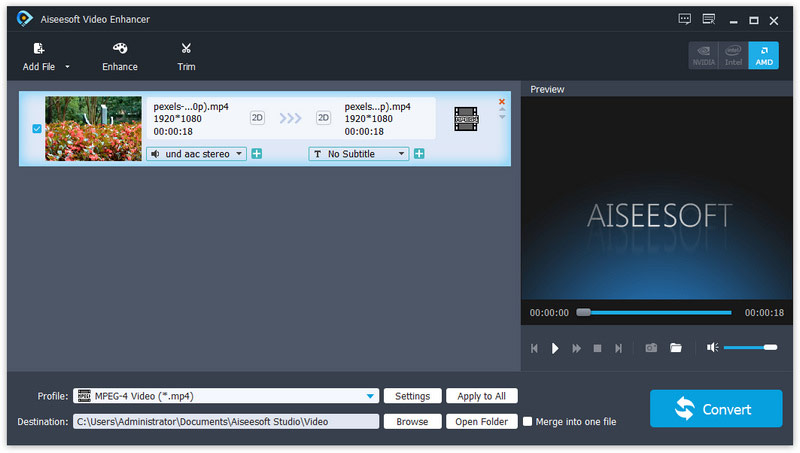 Главное окно классического Aiseesoft Video Enhancer с очередью файлов, предпросмотром и настройками экспорта