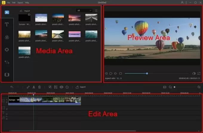 Основные зоны настольного интерфейса BeeCut: библиотека, предпросмотр и временная шкала