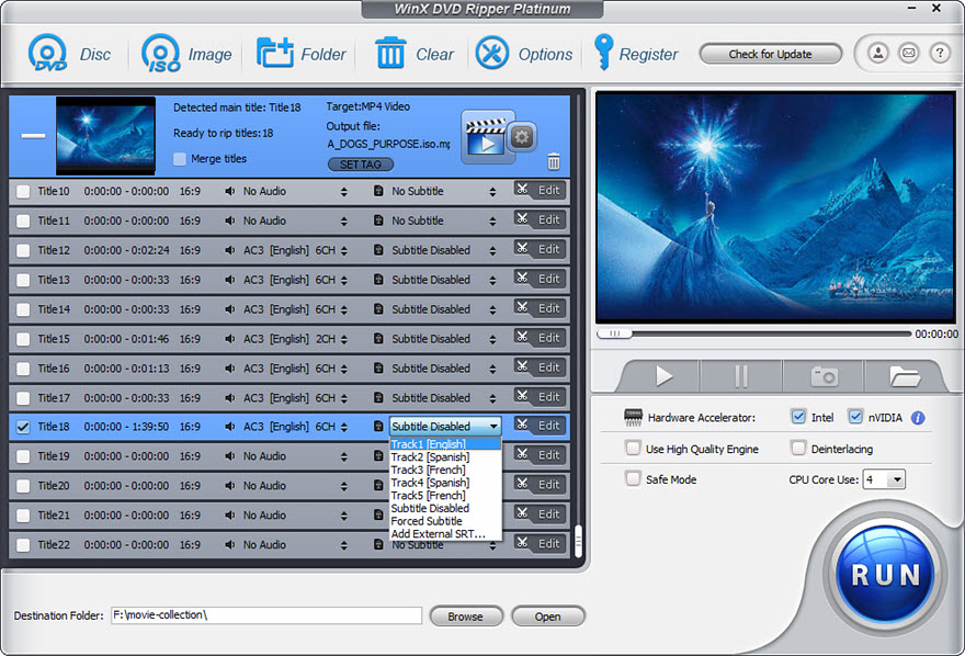Главное окно WinX DVD Ripper Platinum со списком заголовков, аудиодорожек и субтитров