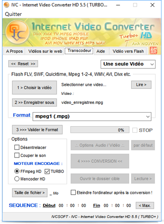 Французский интерфейс Internet Video Converter HD 5.5 во вкладке Transcodeur