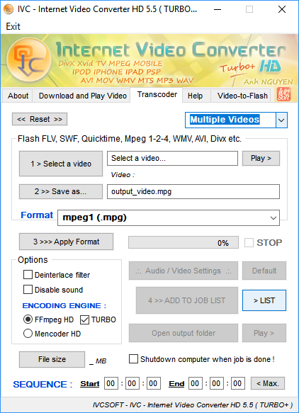 Вкладка Transcoder в Internet Video Converter HD 5.5 с режимом Multiple Videos
