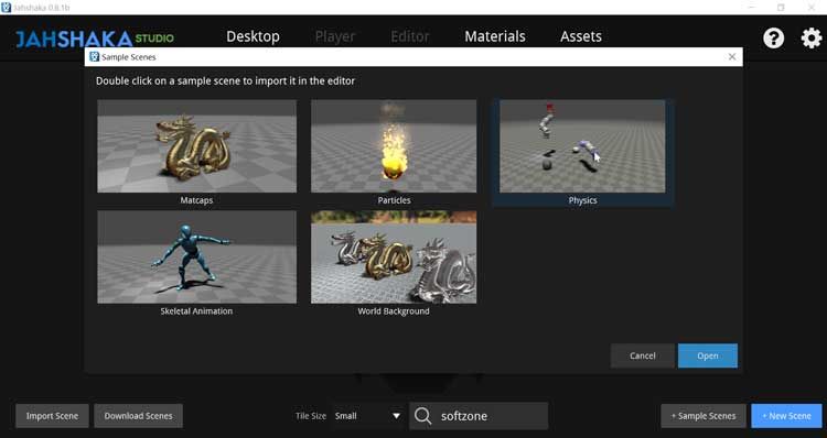Окно Jahshaka Studio с выбором примерных сцен и верхними разделами Desktop, Player, Editor, Materials и Assets