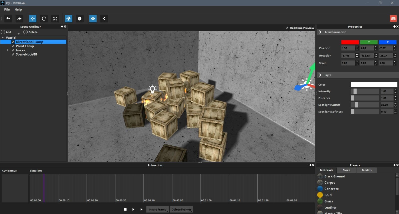Рабочее окно Jahshaka Studio Editor с деревом сцены, 3D viewport, панелью свойств, пресетами материалов и таймлайном анимации
