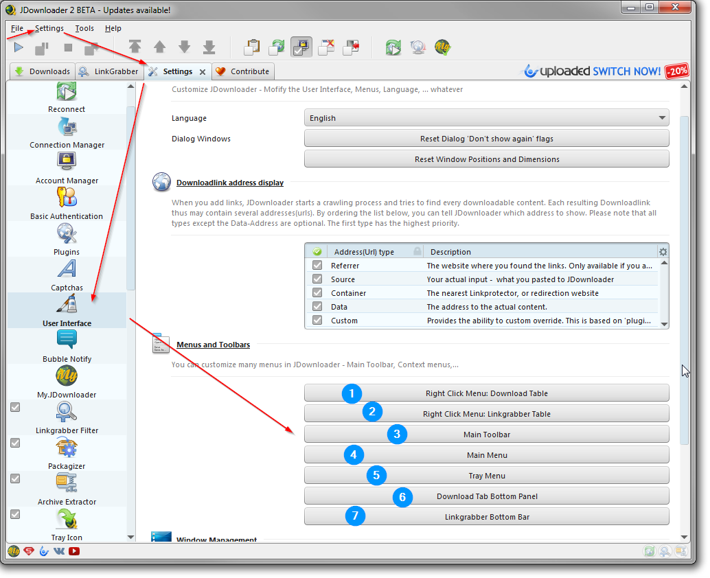 Интерфейс JDownloader 2 с вкладками Downloads, LinkGrabber и Settings