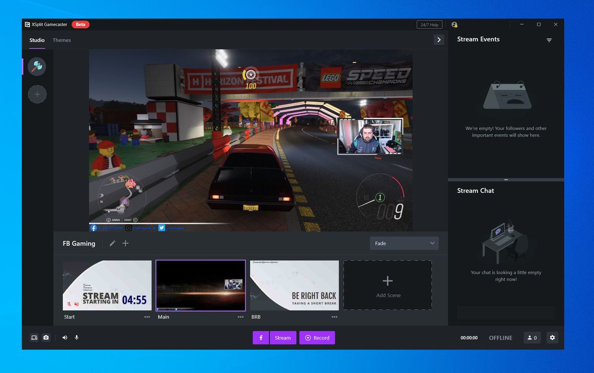 Главное окно XSplit Gamecaster V4 с предпросмотром игры, сценами и кнопками Stream и Record