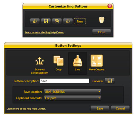 Окна Customize Jing Buttons и Button Settings в TechSmith Jing