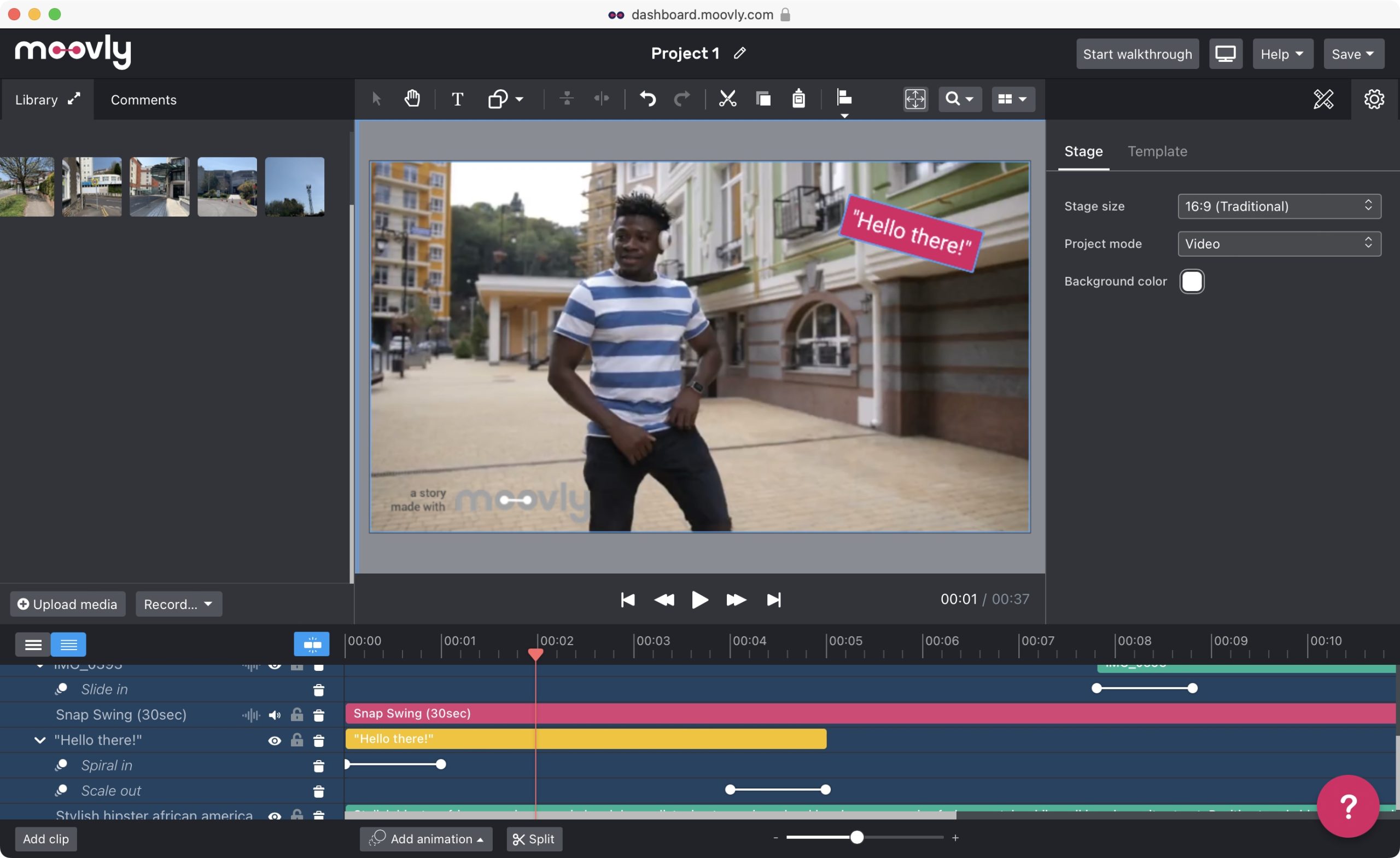 Редактор Moovly Studio с многослойной шкалой времени и анимированным текстом